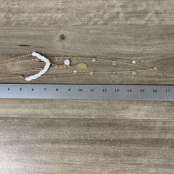 Womens 3 Layered Gold Tone Link Chain Charm Droplet Pendant Necklace Puka Shell - Picture 6 of 6